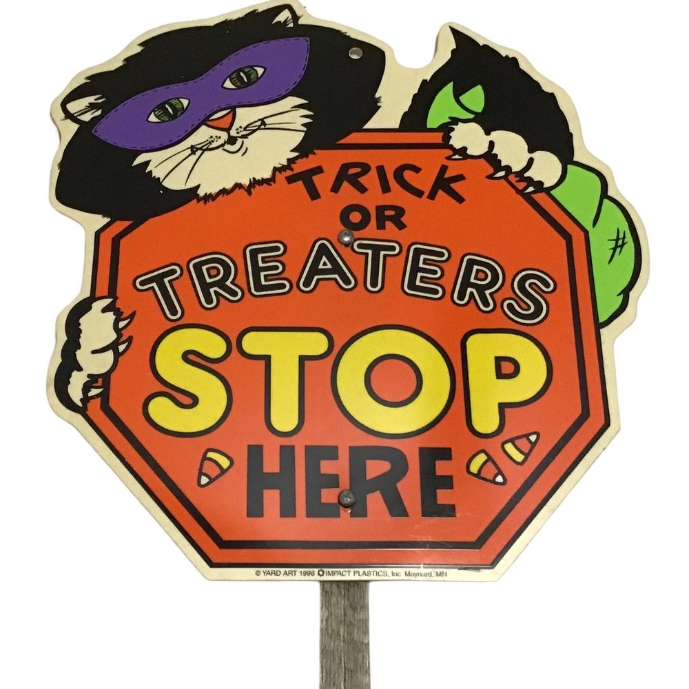 Vintage Black Cat Trick or Treaters Stop Here Yard Art Sign 1996 Impact Plastics